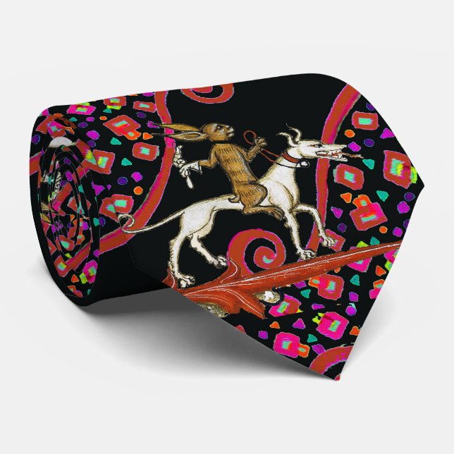WEIRD MEDIEVAL BESTIARY Rabbit Riding a White Dog  Neck Tie (Rolled)