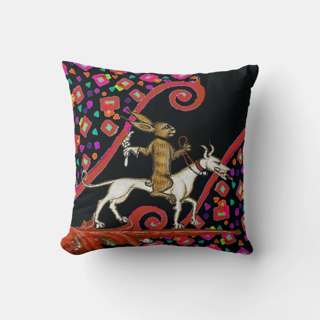 WEIRD MEDIEVAL BESTIARY Rabbit Riding a White Dog Throw Pillow (Front)