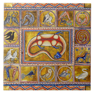 WEIRD MEDIEVAL BESTIARY,SALAMANDER,FOREST ANIMALS CERAMIC TILE