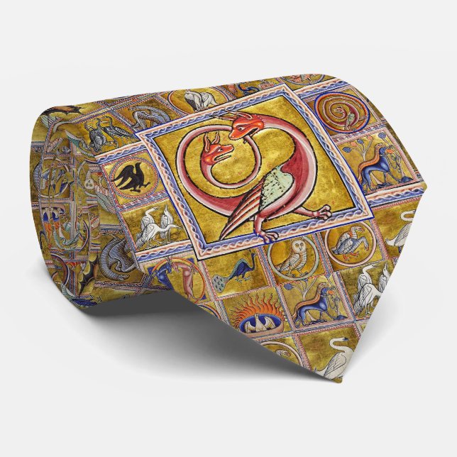 WEIRD MEDIEVAL BESTIARY,SNAKE DRAGON,FOREST ANIMAL NECK TIE (Rolled)