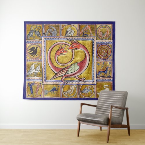 WEIRD MEDIEVAL BESTIARYSNAKE DRAGONFOREST ANIMAL TAPESTRY