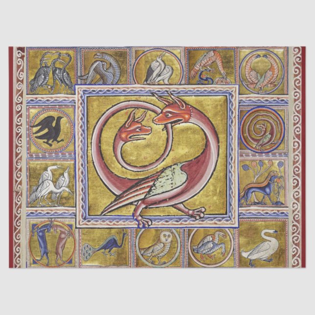 WEIRD MEDIEVAL BESTIARY,SNAKE DRAGON,FOREST ANIMAL TISSUE PAPER (Front)
