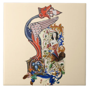 WEIRD MEDIEVAL BESTIARY SPINNING LADY WITH DRAGON CERAMIC TILE