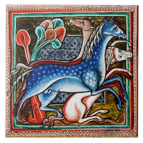 WEIRD MEDIEVAL BESTIARY THREE HORSES IN WOODLAND CERAMIC TILE