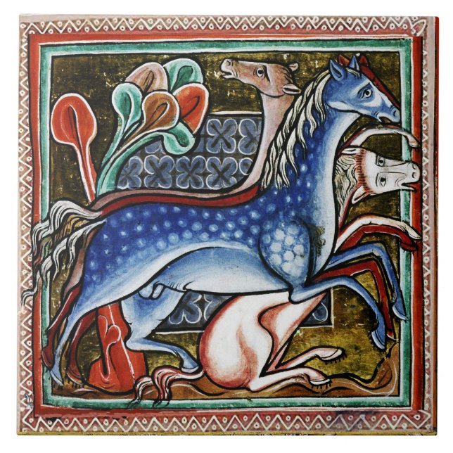 WEIRD MEDIEVAL BESTIARY, THREE HORSES IN WOODLAND CERAMIC TILE (Front)