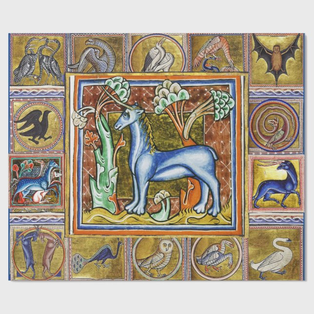 WEIRD MEDIEVAL BESTIARY, UNICORN FANTASTIC ANIMALS WRAPPING PAPER (Flat)