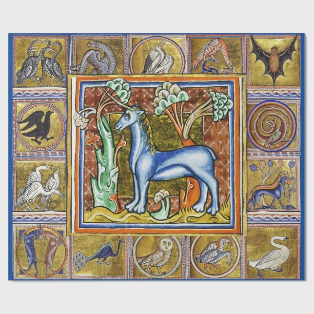 WEIRD MEDIEVAL BESTIARY, UNICORN FANTASTIC ANIMALS WRAPPING PAPER (Flat)