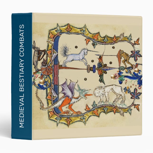 WEIRD MEDIEVAL BESTIARY ,UNICORN FIGHTING MONKEY 3 RING BINDER (Front/Spine)