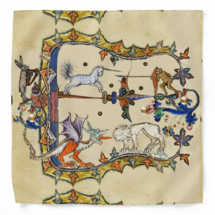 WEIRD MEDIEVAL BESTIARY ,UNICORN FIGHTING MONKEY BANDANA