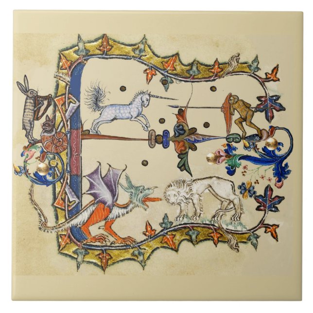 WEIRD MEDIEVAL BESTIARY ,UNICORN FIGHTING MONKEY  CERAMIC TILE (Front)