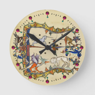 WEIRD MEDIEVAL BESTIARY ,UNICORN FIGHTING MONKEY ROUND CLOCK
