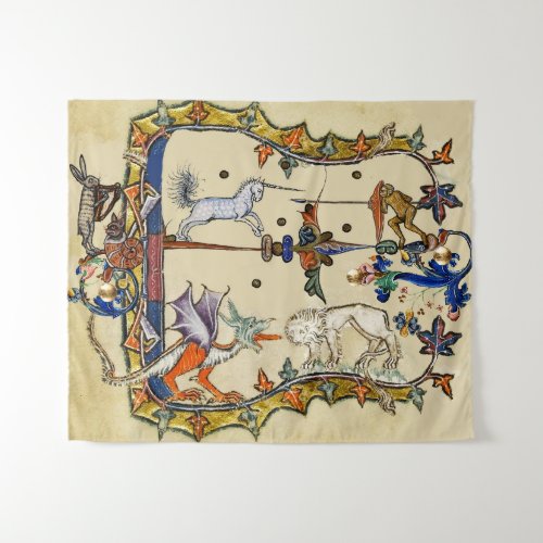 WEIRD MEDIEVAL BESTIARY UNICORN FIGHTING MONKEY TAPESTRY