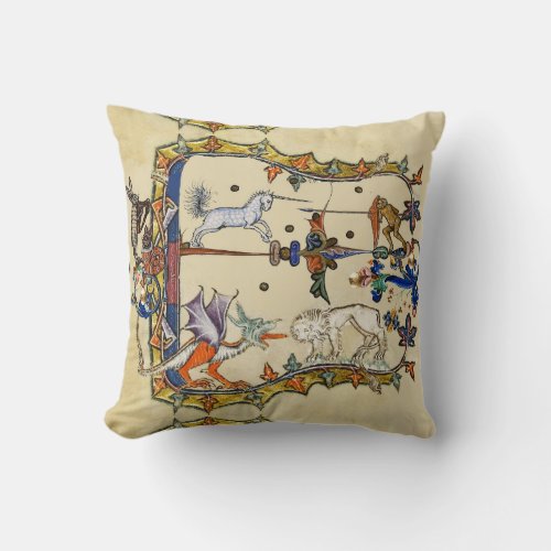 WEIRD MEDIEVAL BESTIARY UNICORN FIGHTING MONKEY THROW PILLOW