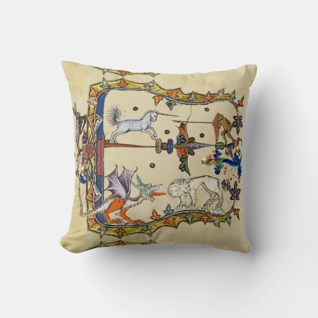 WEIRD MEDIEVAL BESTIARY ,UNICORN FIGHTING MONKEY THROW PILLOW (Front)