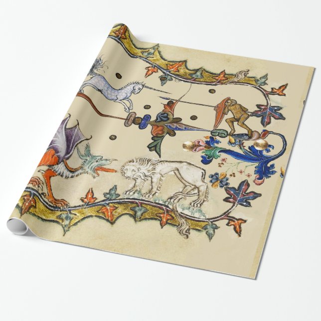 WEIRD MEDIEVAL BESTIARY ,UNICORN FIGHTING MONKEY WRAPPING PAPER (Unrolled)