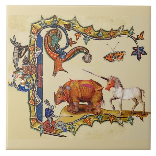 WEIRD MEDIEVAL BESTIARY Unicorn ,Rhino And Rabbit  Ceramic Tile (Front)