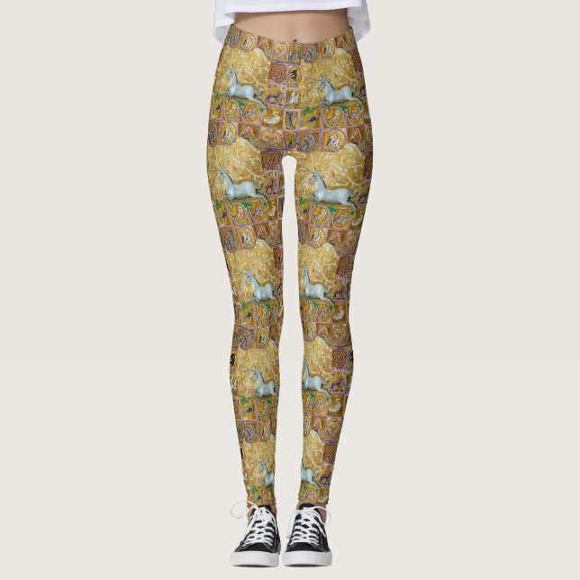 WEIRD MEDIEVAL BESTIARY,UNICORN RUN,FOREST ANIMALS LEGGINGS (Front)
