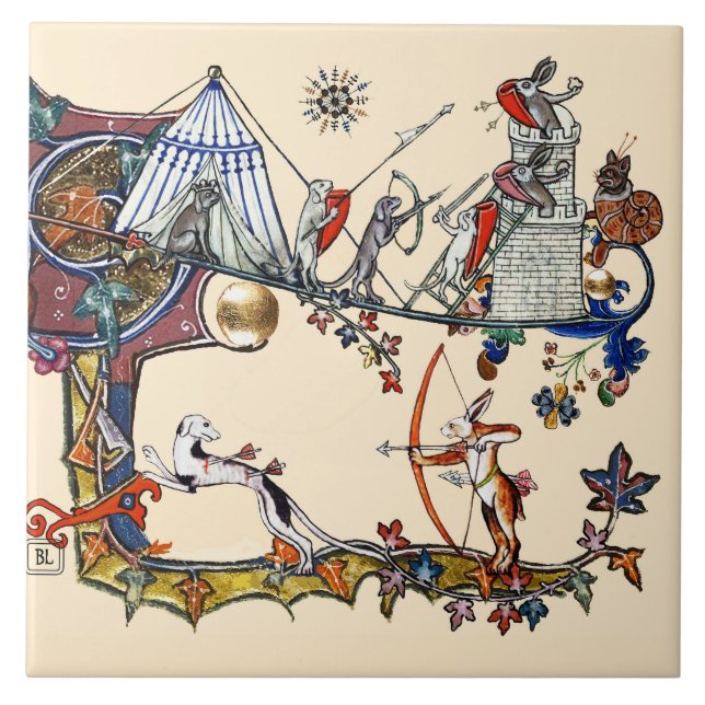 WEIRD MEDIEVAL BESTIARY WAR Dogs and Killer Rabbit Ceramic Tile (Front)