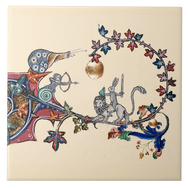 WEIRD MEDIEVAL BESTIARY WAR, Killer Rabbit,Snails Ceramic Tile (Front)