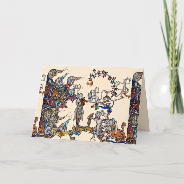 WEIRD MEDIEVAL BESTIARY WAR, KNIGHTS,GIANT SNAILS  HOLIDAY CARD (Front)