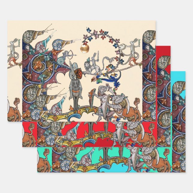 WEIRD MEDIEVAL BESTIARY WAR, KNIGHTS,GIANT SNAILS  WRAPPING PAPER SHEETS (Set)