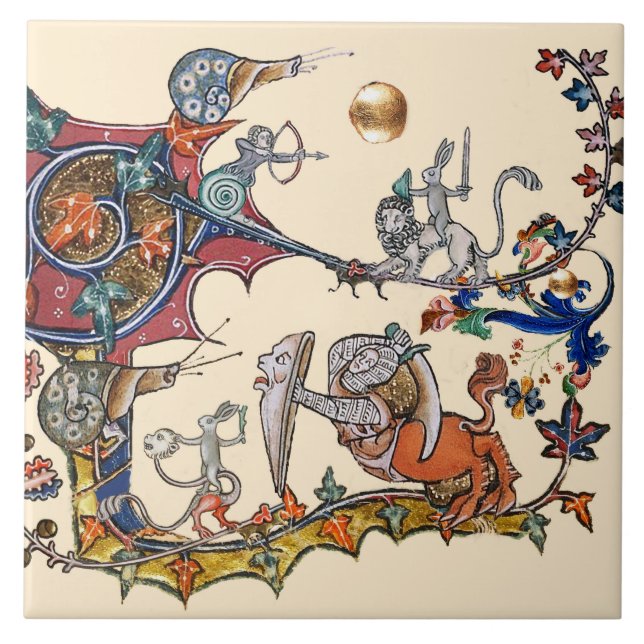 WEIRD MEDIEVAL BESTIARY WAR Snails ,Killer Rabbit  Ceramic Tile (Front)