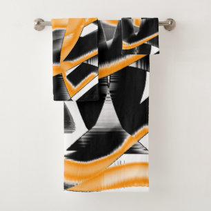 Weird medley of burnt tapes, orange white scratch bath towel set