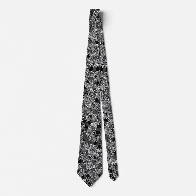 Weird monster reptile drawing pattern neck tie (Front)