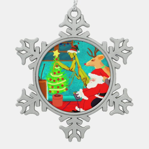 Weird Praying Mantis And Santa Play Video Games Snowflake Pewter Christmas Ornament