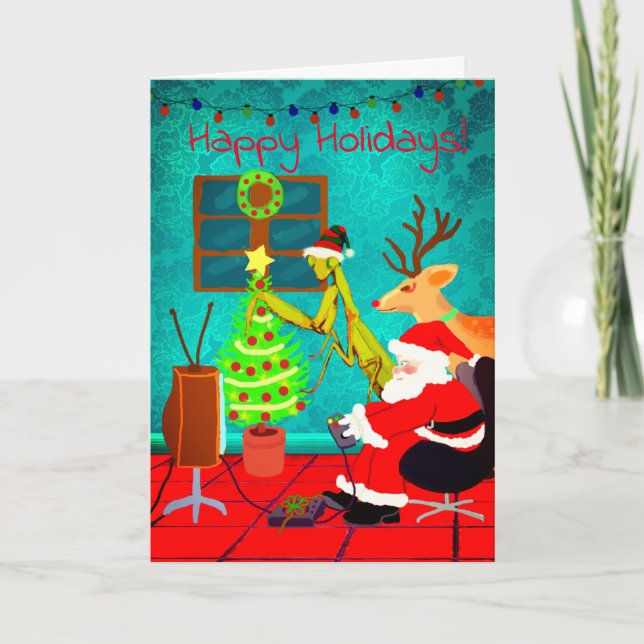 Weird Santa Praying Mantis Personalized Christmas Card (Front)