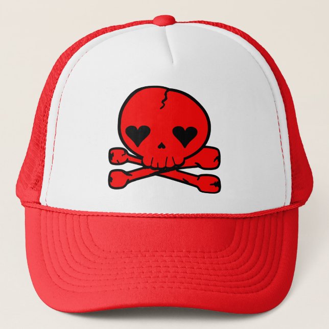 Weird Skull Goth Kawaii Style RED Trucker Hat (Front)