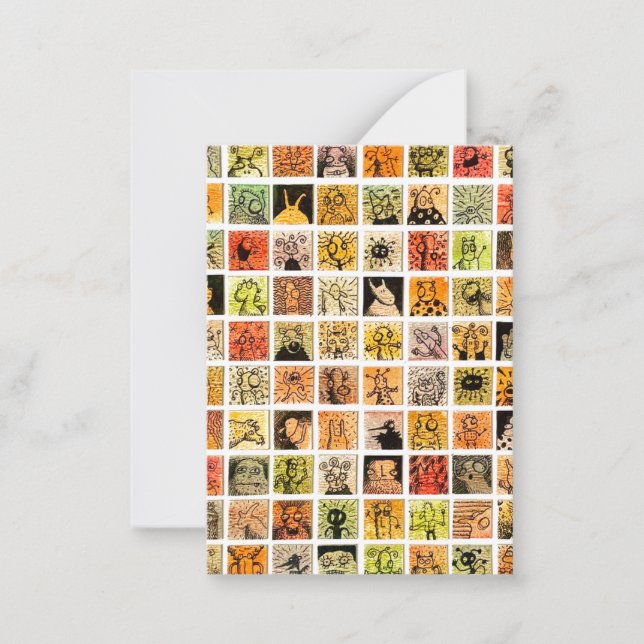 Weird Strange Cartoon Faces Color Squares Note Card (Front)
