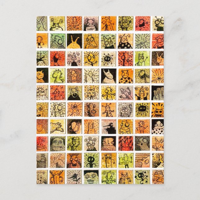 Weird Strange Cartoon Faces Color Squares Postcard (Front)