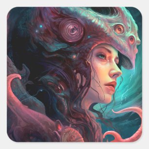 Weird Surreal Alien Woman Art Square Sticker