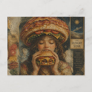 Weird Surreal Girl with a Bacon Cheeseburger Hat Postcard