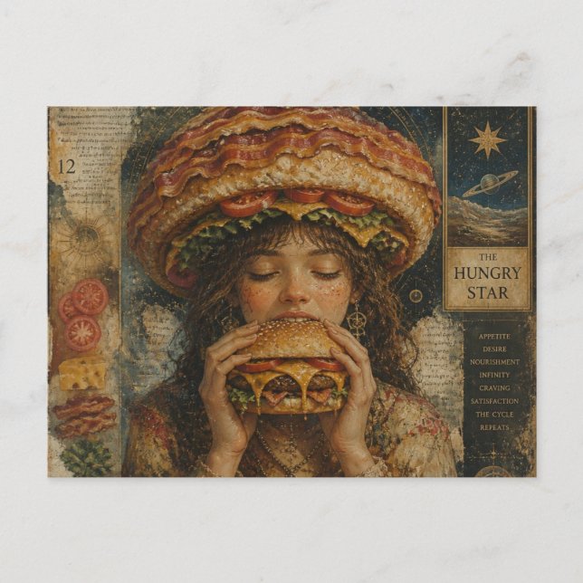 Weird Surreal Girl with a Bacon Cheeseburger Hat  Postcard (Front)
