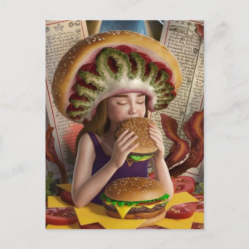 Weird Surreal Girl with a Bacon Cheeseburger Postcard