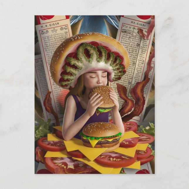 Weird Surreal Girl with a Cheeseburger Hat Bacon  Postcard (Front)