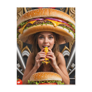 Weird Surreal Girl with a Cheeseburger Hat Postcard
