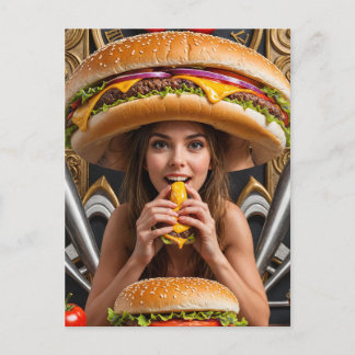 Weird Surreal Girl with a Cheeseburger Hat Postcard