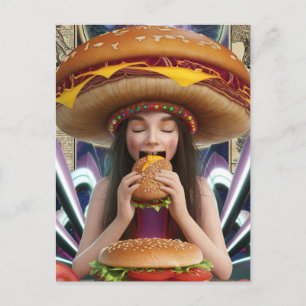 Weird Surreal Girl with a Cheeseburger Hat Scifi Postcard