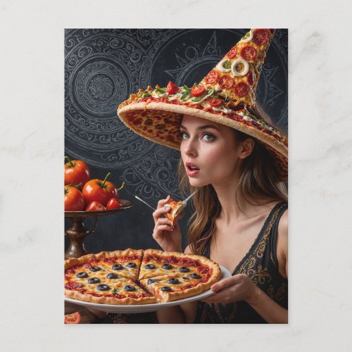 Weird Surreal Girl with a Pizza Hat Postcard