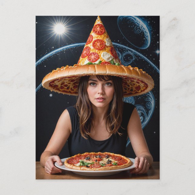 Weird Surreal Woman with a Pizza Hat  Postcard (Front)