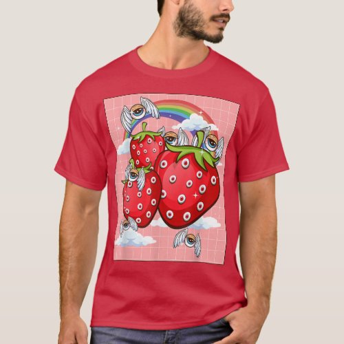 Weirdcore Aesthetic Kawaii Strawberry Eyes Winged  T_Shirt