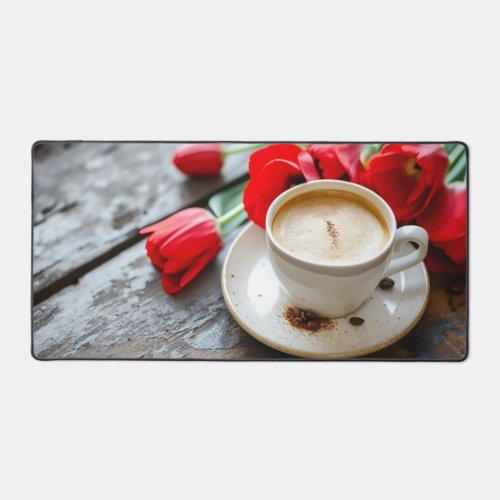 weie Kaffeetasse mit roten Tulpen Desk Mat