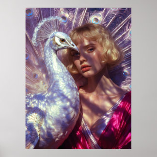 Weißer Pfau und Schönheit in rosa Eleganz Poster