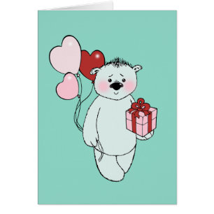 Weißer Teddybär mit einem Geschenk und Luftballons Cards