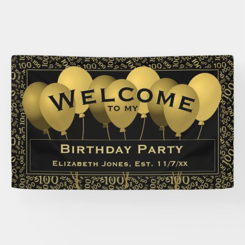 Welcome 100th Birthday Number Pattern  BlackGold Banner