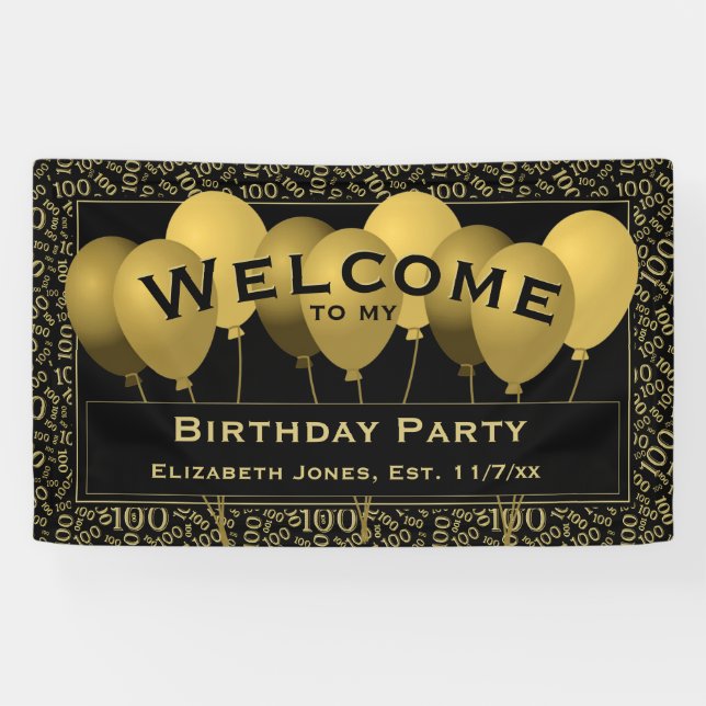 Welcome 100th Birthday Number Pattern | Black/Gold Banner (Horizontal)