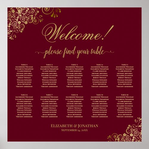 Welcome 10 Table Gold on Burgundy Seating Chart